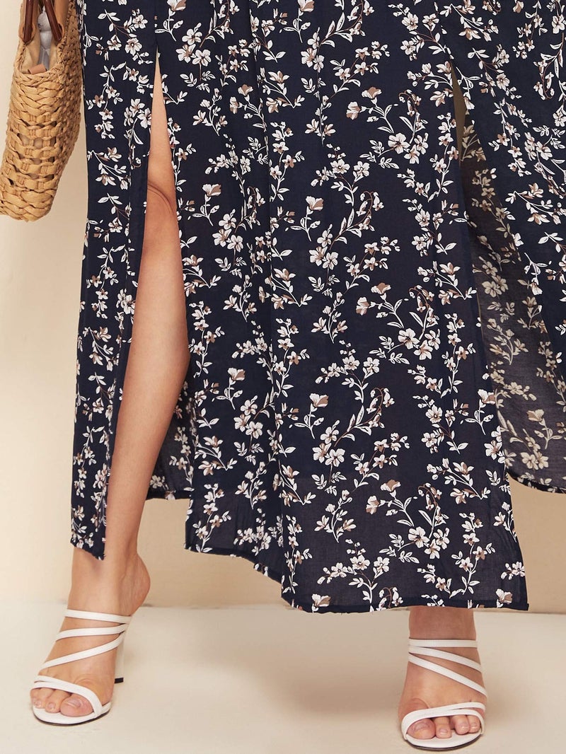 Floerns Women's Boho Floral Print Off Shoulder Split Long A Line Dress Navy Plus 2XL - Image 4